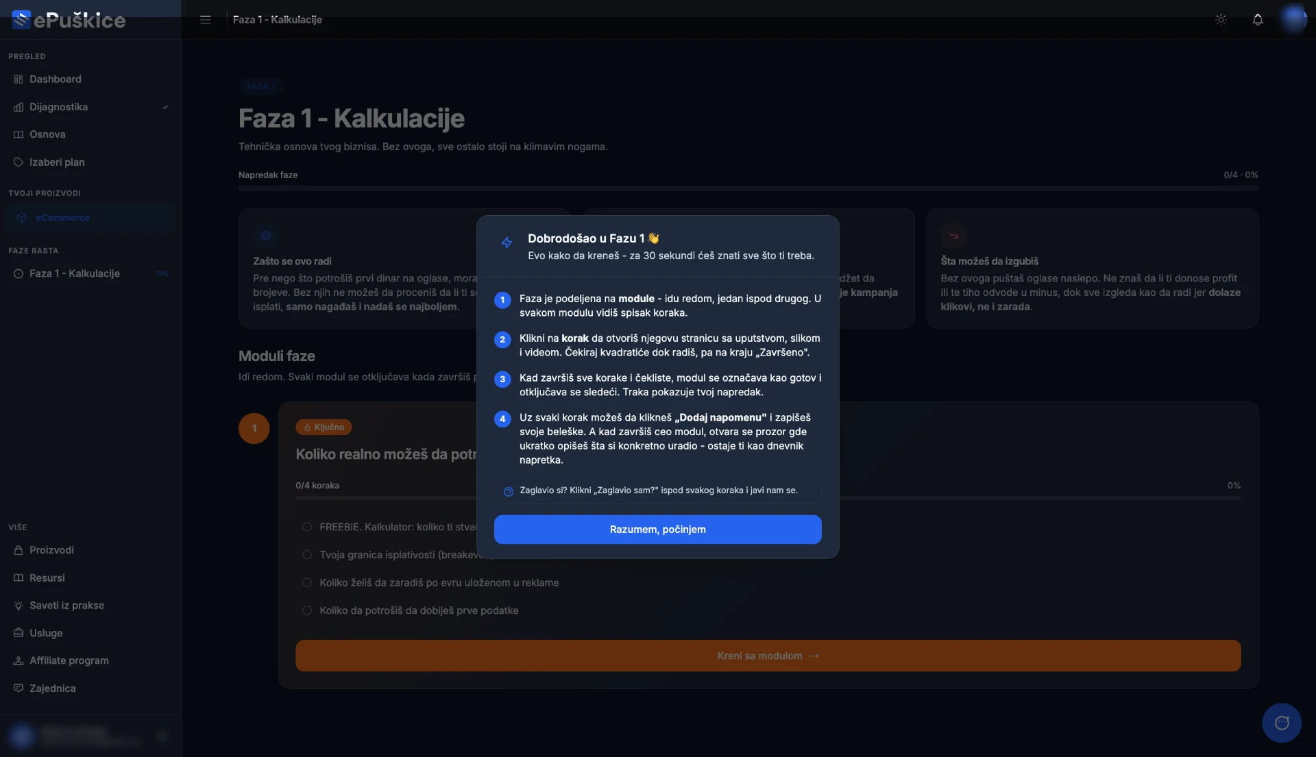 Pregled faze 1 u platformi ePuškice, kalkulacije i moduli sa uputstvom